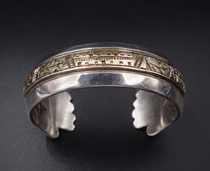 Navajo James Pioche Sterling Silver 14k Gold Pueblo Scene Cuff Bracelet BS1789