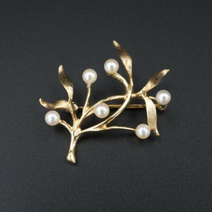 Vintage 1940s Fisher & Co 14k Gold Pearl Olive Leaf Branch Brooch Pin 1.2" OG359