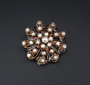 Antique Yellow Gold 2ct Rose Cut Diamond Enamel Sunburst Scroll Brooch CO1052