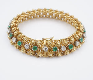 Vintage French 18k Gold Emerald Diamond Bracelet 4ctw Cannetille 7" Yellow BG905