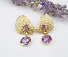 18k Gold Dangle Earrings Amethyst Hammered Yellow Gold Post 1.25" EG2227