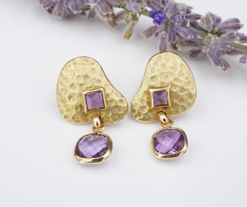 18k Gold Dangle Earrings Amethyst Hammered Yellow Gold Post 1.25