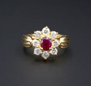 18k Yellow Gold 1.5 ctw Oval Ruby Diamond Halo Flower Ring Size 5.75 RG3567