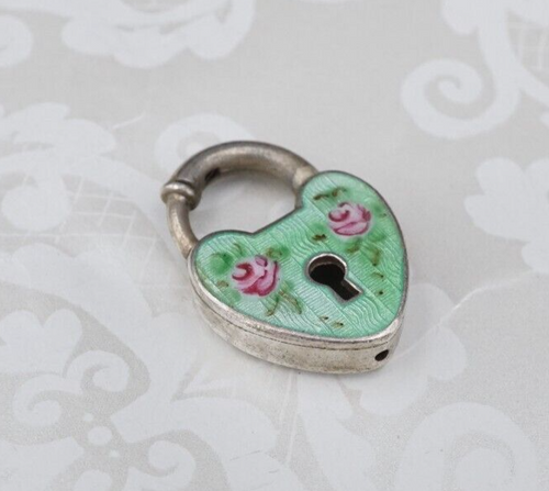 Antique Enamel Heart Lock Charm Floral Sterling Silver CHS2005