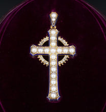 1870's Henry Tessier 18k Natural Pearl Diamond Enamel Cross Pendant w Box CO1032