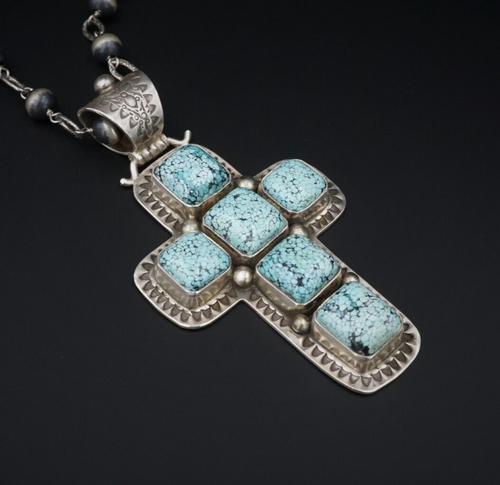 David Troutman Sterling Spiderweb Turquoise Cross Pendant Necklace 3.5