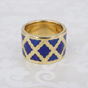 Buccellatti 18k Yellow Gold Ring Blue Enamel Wide Band Size 6 RG4219