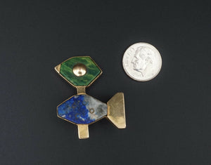Artisan 18k Yellow Gold Abstract Lapis Bird Pin Modernist Brooch 1.5" OG381