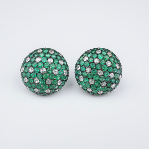 18k Gold Diamond Emerald Earrings Pave Button Dome Omega 20mm 3ct EG2174