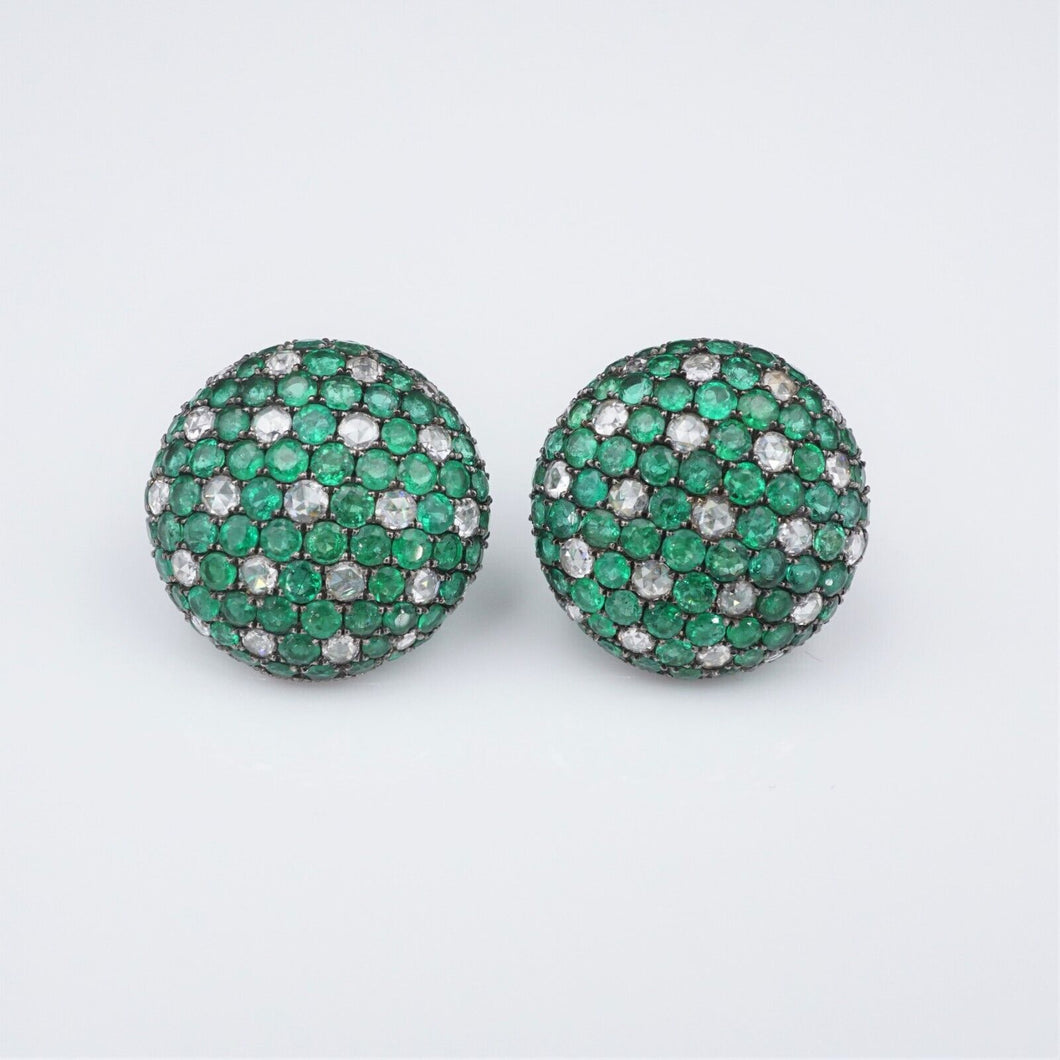 18k Gold Diamond Emerald Earrings Pave Button Dome Omega 20mm 3ct EG2174