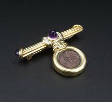 Ancient Coin 18k Yellow Gold Natural Diamond Amethyst Bar Pin Brooch OG357