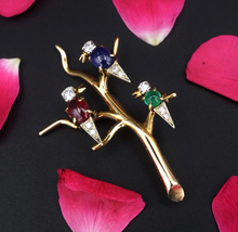 Van Cleef & Arpels VCA 18k Gold Ruby Sapphire Emerald Bird Brooch Pin 2" OG440