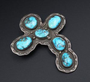 Vintage Rustic Navajo Turquoise Cross Pendant Pin Sterling Silver 3.2" PS2123