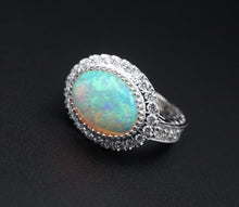 NWT 14k White Gold 3.6ct Diamond Halo Opal Cabochon Cocktail Ring Size 7 CO904