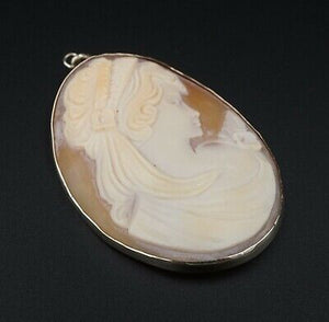 Vintage 14k Cameo Pendant Yellow Gold Carved Shell 2.2" Free Shipping PG1453