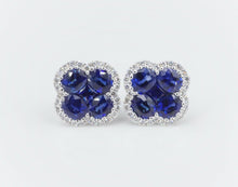 NWT 18k White Gold 3ct Diamond Halo Natural Sapphire Quatrefoil Earrings EG1842