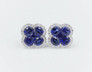 NWT 18k White Gold 3ct Diamond Halo Natural Sapphire Quatrefoil Earrings EG1842