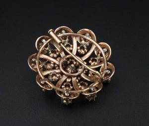 Antique Yellow Gold 2ct Rose Cut Diamond Enamel Sunburst Scroll Brooch CO1052