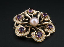 Vtg 14k Yellow Gold Amethyst Seed Pearl Sunburst Scroll Pin Brooch 1.4" OG334