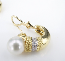 18k Pearl Diamond Earrings Huggie J Hook Yellow Gold Designer CASSIS 1.1" EG2273