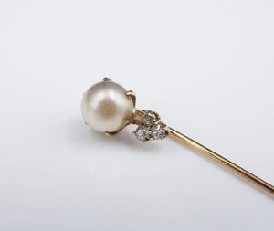 Vintage 14k Gold Pearl Diamond Hat Stick Pin Mine Cut OMC 2.75" 7mm M1667