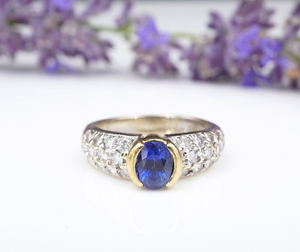 Vintage 18k Yellow Gold 2ct Oval Sapphire Pave Diamond Ring Size 6.75 RG3970