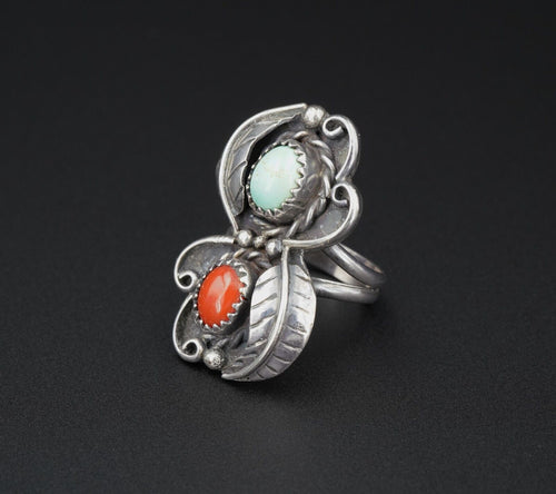 Navajo Sterling Silver Ring Turquoise Coral Signed HS Size 7 RS3303