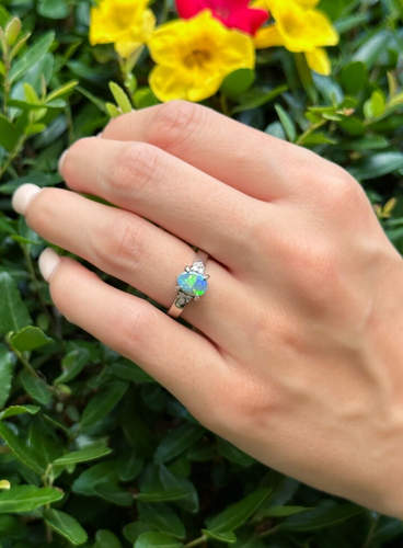 Vintage Platinum Oval Black Opal Diamond Cocktail Ring Size 5.75 RG4232