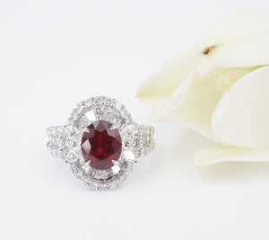 18k White Gold 3.8cttw Natural Ruby Diamond Halo Cocktail Ring Size 6 CO1191