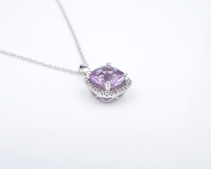 14k Amethyst Diamond Halo Necklace White Gold Pendan Cushion 18" NG1553