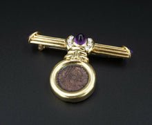 Ancient Coin 18k Yellow Gold Natural Diamond Amethyst Bar Pin Brooch OG357