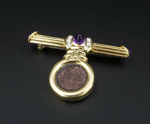 Ancient Coin 18k Yellow Gold Natural Diamond Amethyst Bar Pin Brooch OG357
