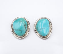 Navajo Natural Turquoise Sterling Silver Ear Clips 1" Earrings Signed GD ES2594