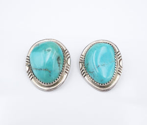 Navajo Natural Turquoise Sterling Silver Ear Clips 1" Earrings Signed GD ES2594