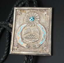 Large Native American Sterling Silver Turquoise Kachina Overlay Bolo Tie M1791