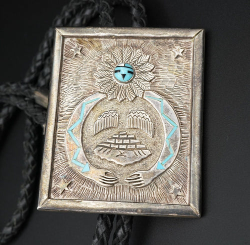 Large Native American Sterling Silver Turquoise Kachina Overlay Bolo Tie M1791