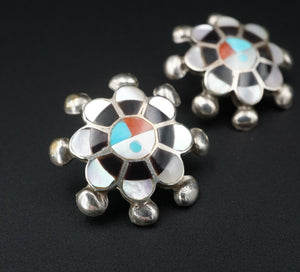 Zuni Sunface Inlay Earrings Sterling Silver Turquoise Pauline Lonjose ES2157