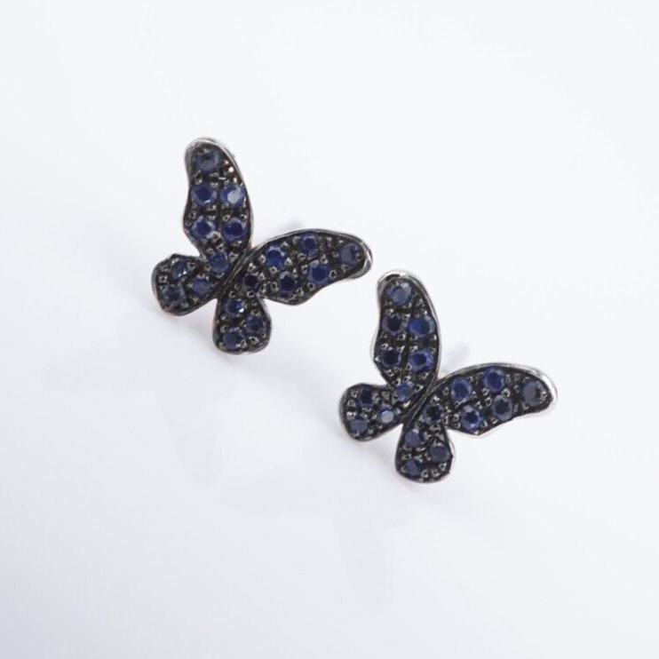 18k Pave Sapphire Stud Butterfly Earrings Mini Natural White Gold New EG2385