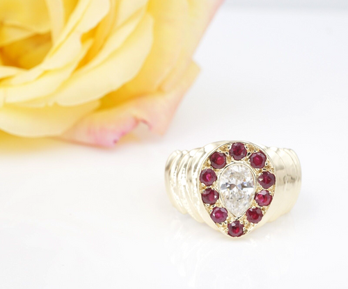 18k Gold Pear Diamond Ruby Halo Cocktail Ring 1.5 ctw Size 8 Vintage RG4138