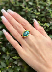 Devta Doolan 22k Gold Spiderweb Turquoise Flip Ring Size 8.5 Reversible RG4027