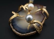 Vintage 18k Gold Pearl Diamond Brooch Pin Pendant Slab Banded Agate 2.7" PG1154