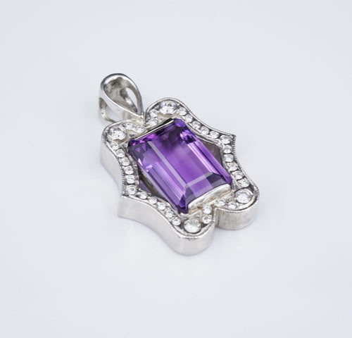 Vintage 14k White Gold 9 carat Amethyst Diamond Halo Pendant 1.3