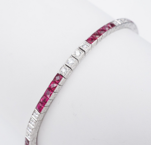 Vintage Platinum Ruby Diamond Tennis Bracelet 6 carats French Cut 7
