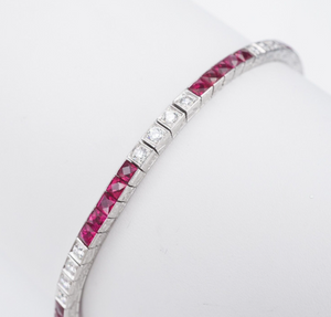 Vintage Platinum Ruby Diamond Tennis Bracelet 6 carats French Cut 7" CO1131