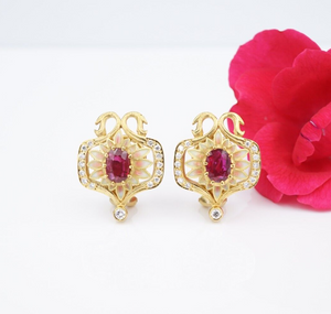 Masriera 18k Gold Earrings Natural Ruby Diamond Enamel Plique a Jour EG2406