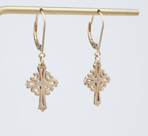 James Avery Adorned Cross Leverback Earrings 14k Yellow Gold 1.5" Retired EG2462