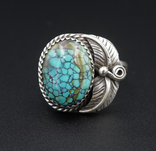 Navajo Sterling Silver Spiderweb Turquoise Ring Vintage Size 8.25 Artisan RS3433