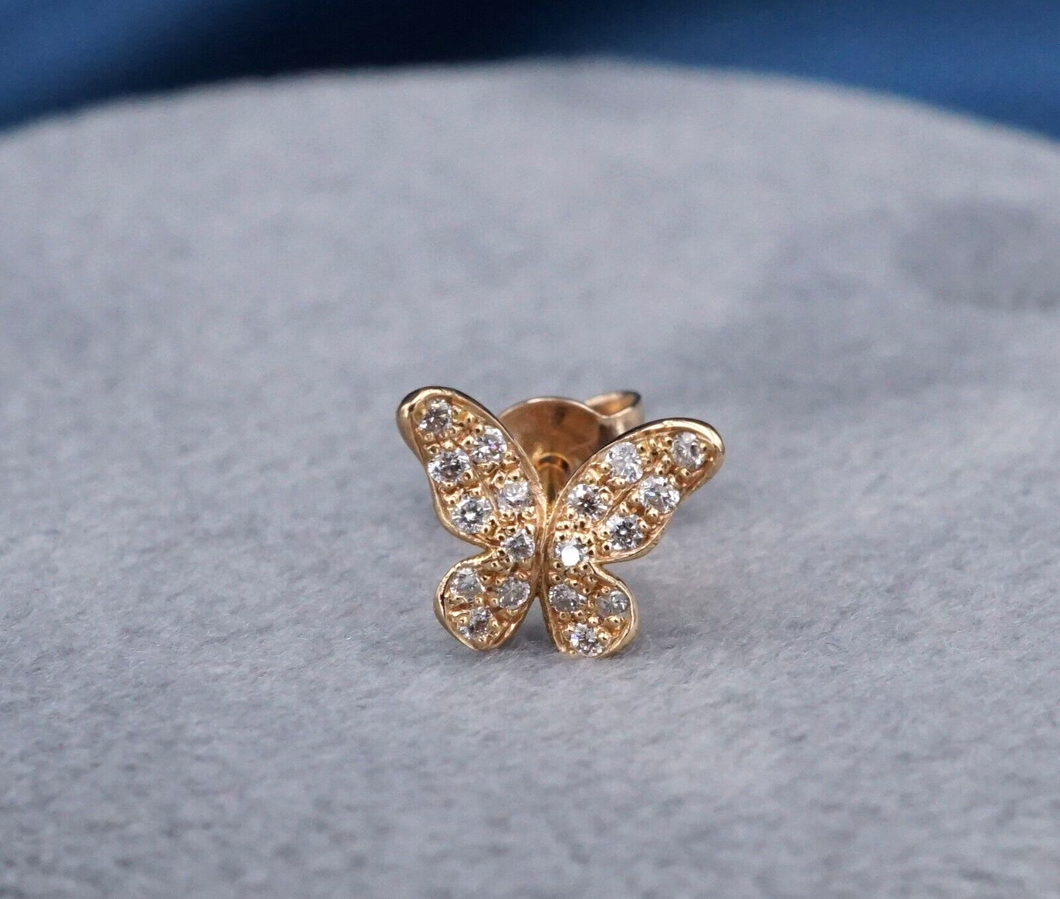 Mini Natural Pave Diamond Stud Butterfly Single Earring 18k Rose Gold New EG2398