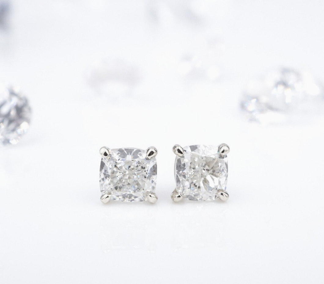 GIA Diamond Stud Earrings 1.8 carat 18k White Gold Cushion Natural F SI2 EG2365