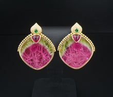 Artisan 18k Yellow Gold Watermelon Tourmaline Clip Earrings 1.8" EG2184